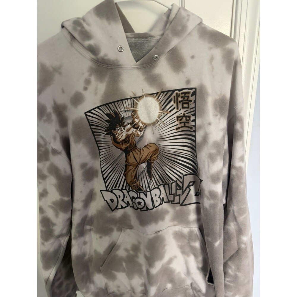 Dragon Ball Z Goku Tie-Dye Gray Pullover Hoodie L Fleece Cotton Graphic Print
